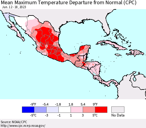Mexico Central America and the Caribbean Mean Maximum Temperature Departure from Normal (CPC) Thematic Map For 6/12/2023 - 6/18/2023