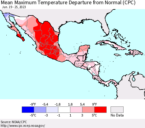 Mexico Central America and the Caribbean Mean Maximum Temperature Departure from Normal (CPC) Thematic Map For 6/19/2023 - 6/25/2023
