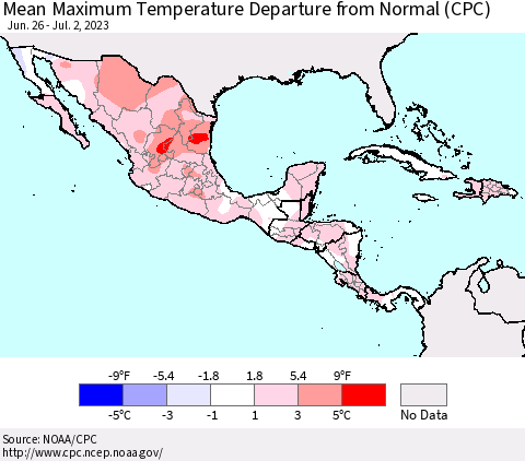 Mexico Central America and the Caribbean Mean Maximum Temperature Departure from Normal (CPC) Thematic Map For 6/26/2023 - 7/2/2023
