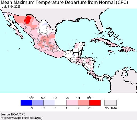 Mexico Central America and the Caribbean Mean Maximum Temperature Departure from Normal (CPC) Thematic Map For 7/3/2023 - 7/9/2023