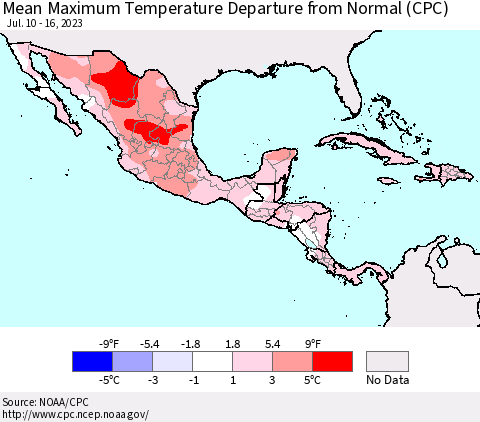 Mexico Central America and the Caribbean Mean Maximum Temperature Departure from Normal (CPC) Thematic Map For 7/10/2023 - 7/16/2023