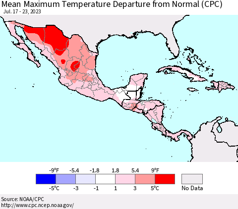 Mexico Central America and the Caribbean Mean Maximum Temperature Departure from Normal (CPC) Thematic Map For 7/17/2023 - 7/23/2023