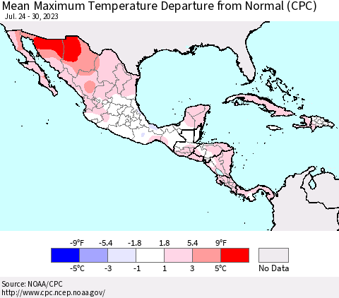 Mexico Central America and the Caribbean Mean Maximum Temperature Departure from Normal (CPC) Thematic Map For 7/24/2023 - 7/30/2023
