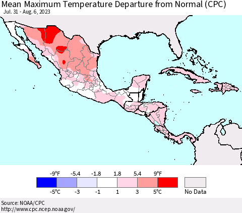 Mexico Central America and the Caribbean Mean Maximum Temperature Departure from Normal (CPC) Thematic Map For 7/31/2023 - 8/6/2023