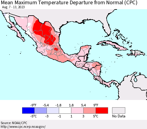 Mexico Central America and the Caribbean Mean Maximum Temperature Departure from Normal (CPC) Thematic Map For 8/7/2023 - 8/13/2023
