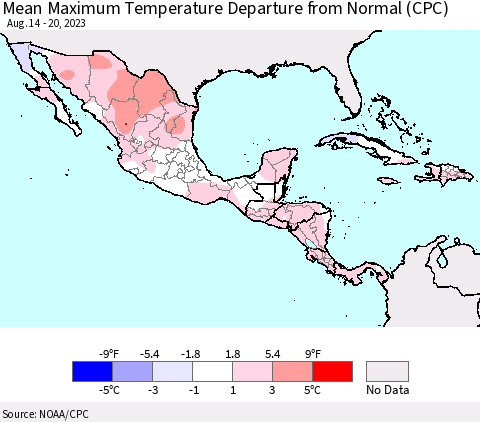 Mexico Central America and the Caribbean Mean Maximum Temperature Departure from Normal (CPC) Thematic Map For 8/14/2023 - 8/20/2023