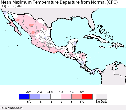 Mexico Central America and the Caribbean Mean Maximum Temperature Departure from Normal (CPC) Thematic Map For 8/21/2023 - 8/27/2023