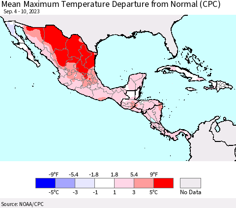 Mexico Central America and the Caribbean Mean Maximum Temperature Departure from Normal (CPC) Thematic Map For 9/4/2023 - 9/10/2023