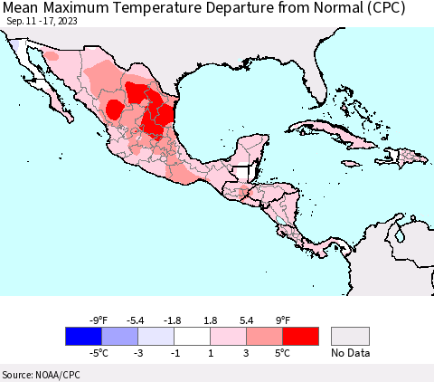 Mexico Central America and the Caribbean Mean Maximum Temperature Departure from Normal (CPC) Thematic Map For 9/11/2023 - 9/17/2023