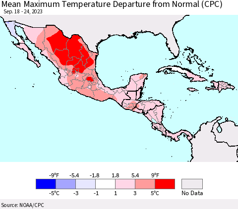 Mexico Central America and the Caribbean Mean Maximum Temperature Departure from Normal (CPC) Thematic Map For 9/18/2023 - 9/24/2023