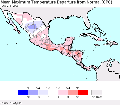 Mexico Central America and the Caribbean Mean Maximum Temperature Departure from Normal (CPC) Thematic Map For 10/2/2023 - 10/8/2023
