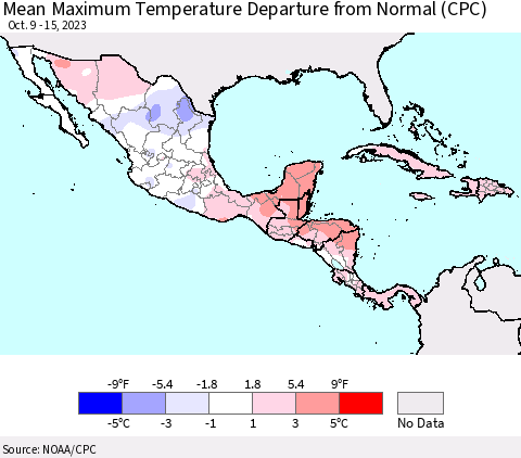 Mexico Central America and the Caribbean Mean Maximum Temperature Departure from Normal (CPC) Thematic Map For 10/9/2023 - 10/15/2023