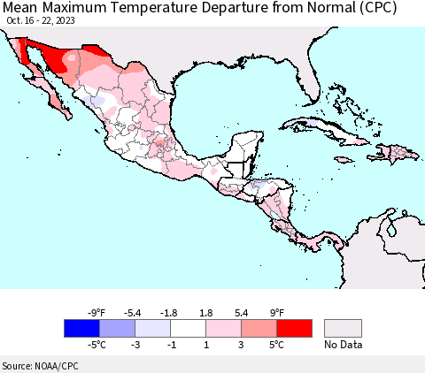 Mexico Central America and the Caribbean Mean Maximum Temperature Departure from Normal (CPC) Thematic Map For 10/16/2023 - 10/22/2023