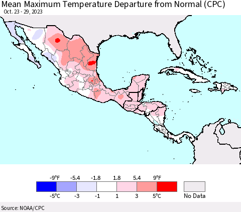 Mexico Central America and the Caribbean Mean Maximum Temperature Departure from Normal (CPC) Thematic Map For 10/23/2023 - 10/29/2023