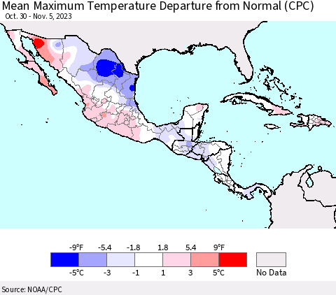 Mexico Central America and the Caribbean Mean Maximum Temperature Departure from Normal (CPC) Thematic Map For 10/30/2023 - 11/5/2023