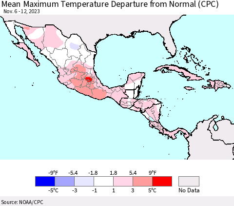 Mexico Central America and the Caribbean Mean Maximum Temperature Departure from Normal (CPC) Thematic Map For 11/6/2023 - 11/12/2023