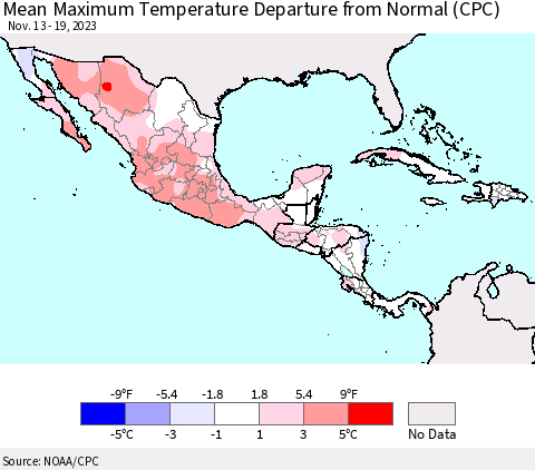 Mexico Central America and the Caribbean Mean Maximum Temperature Departure from Normal (CPC) Thematic Map For 11/13/2023 - 11/19/2023
