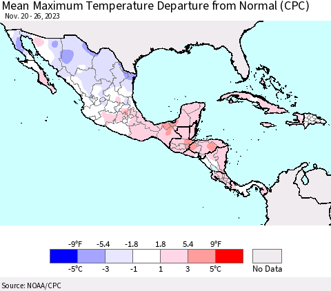 Mexico Central America and the Caribbean Mean Maximum Temperature Departure from Normal (CPC) Thematic Map For 11/20/2023 - 11/26/2023