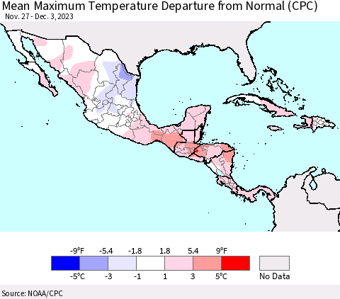 Mexico Central America and the Caribbean Mean Maximum Temperature Departure from Normal (CPC) Thematic Map For 11/27/2023 - 12/3/2023