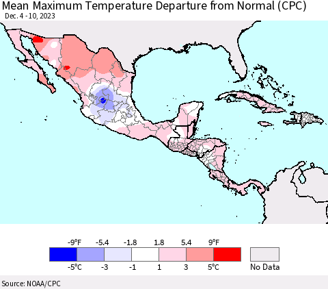 Mexico Central America and the Caribbean Mean Maximum Temperature Departure from Normal (CPC) Thematic Map For 12/4/2023 - 12/10/2023