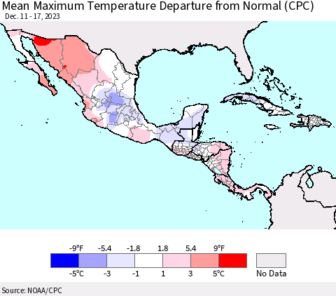 Mexico Central America and the Caribbean Mean Maximum Temperature Departure from Normal (CPC) Thematic Map For 12/11/2023 - 12/17/2023
