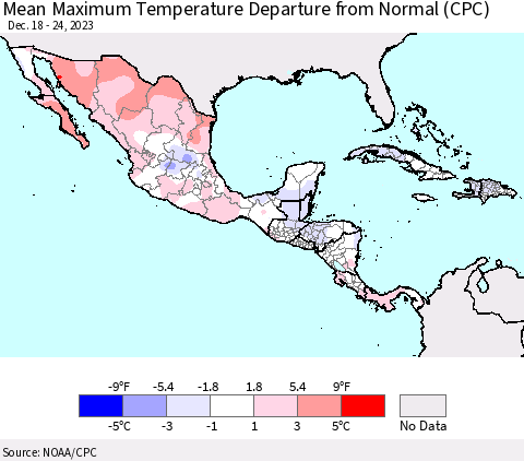 Mexico Central America and the Caribbean Mean Maximum Temperature Departure from Normal (CPC) Thematic Map For 12/18/2023 - 12/24/2023