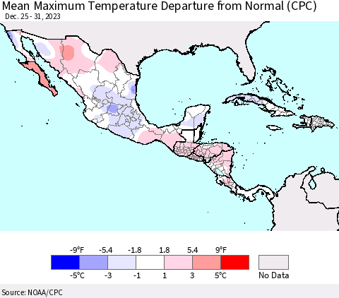 Mexico Central America and the Caribbean Mean Maximum Temperature Departure from Normal (CPC) Thematic Map For 12/25/2023 - 12/31/2023