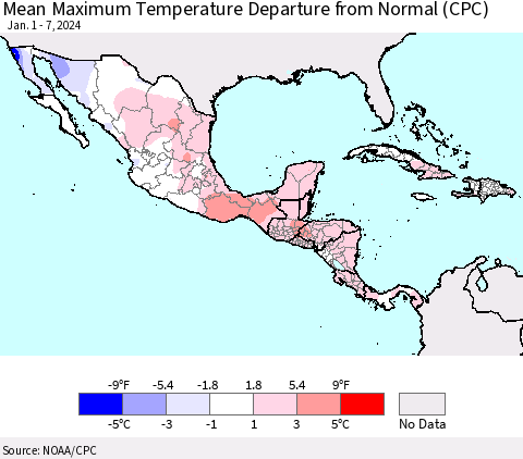 Mexico Central America and the Caribbean Mean Maximum Temperature Departure from Normal (CPC) Thematic Map For 1/1/2024 - 1/7/2024