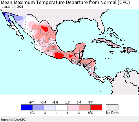 Mexico Central America and the Caribbean Mean Maximum Temperature Departure from Normal (CPC) Thematic Map For 1/8/2024 - 1/14/2024
