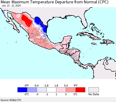 Mexico Central America and the Caribbean Mean Maximum Temperature Departure from Normal (CPC) Thematic Map For 1/15/2024 - 1/21/2024
