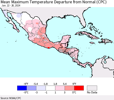 Mexico Central America and the Caribbean Mean Maximum Temperature Departure from Normal (CPC) Thematic Map For 1/22/2024 - 1/28/2024