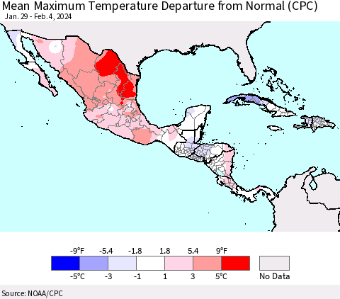 Mexico Central America and the Caribbean Mean Maximum Temperature Departure from Normal (CPC) Thematic Map For 1/29/2024 - 2/4/2024