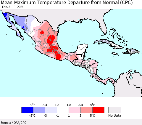 Mexico Central America and the Caribbean Mean Maximum Temperature Departure from Normal (CPC) Thematic Map For 2/5/2024 - 2/11/2024