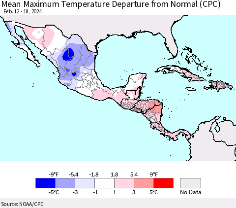 Mexico Central America and the Caribbean Mean Maximum Temperature Departure from Normal (CPC) Thematic Map For 2/12/2024 - 2/18/2024