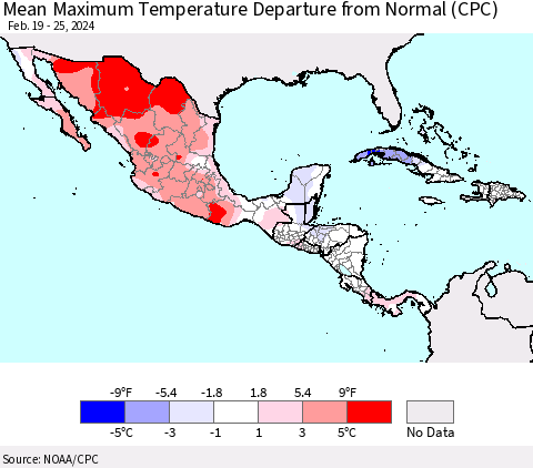 Mexico Central America and the Caribbean Mean Maximum Temperature Departure from Normal (CPC) Thematic Map For 2/19/2024 - 2/25/2024