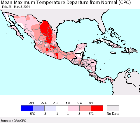 Mexico Central America and the Caribbean Mean Maximum Temperature Departure from Normal (CPC) Thematic Map For 2/26/2024 - 3/3/2024