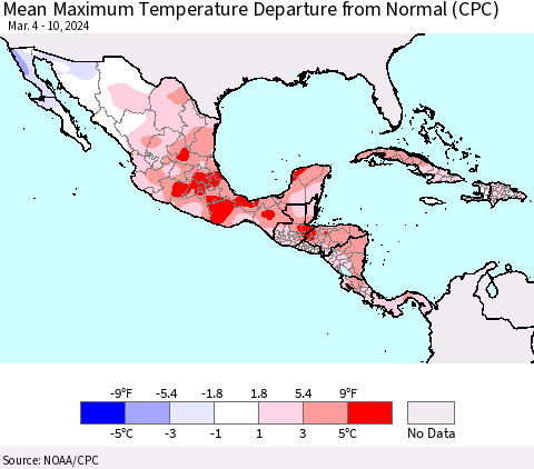Mexico Central America and the Caribbean Mean Maximum Temperature Departure from Normal (CPC) Thematic Map For 3/4/2024 - 3/10/2024