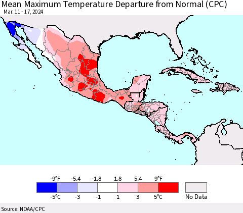 Mexico Central America and the Caribbean Mean Maximum Temperature Departure from Normal (CPC) Thematic Map For 3/11/2024 - 3/17/2024