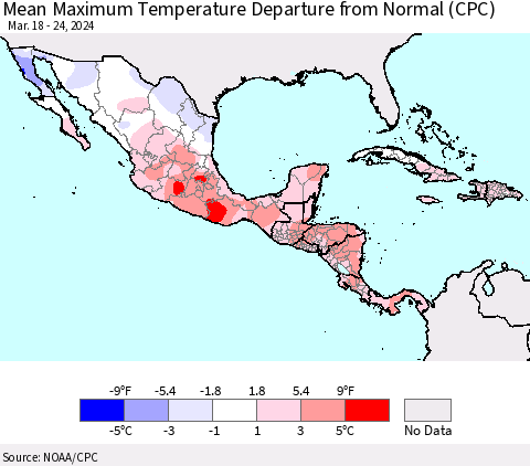 Mexico Central America and the Caribbean Mean Maximum Temperature Departure from Normal (CPC) Thematic Map For 3/18/2024 - 3/24/2024