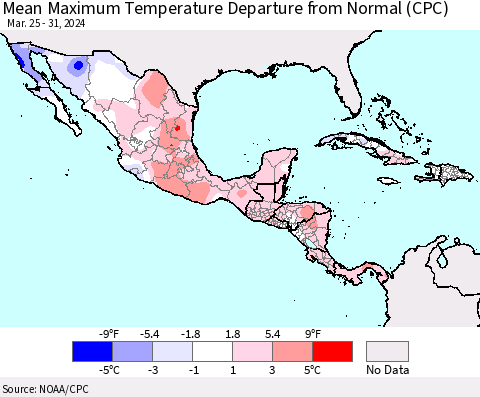 Mexico Central America and the Caribbean Mean Maximum Temperature Departure from Normal (CPC) Thematic Map For 3/25/2024 - 3/31/2024