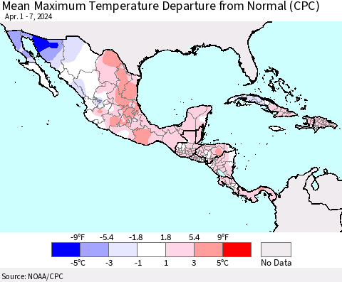 Mexico Central America and the Caribbean Mean Maximum Temperature Departure from Normal (CPC) Thematic Map For 4/1/2024 - 4/7/2024