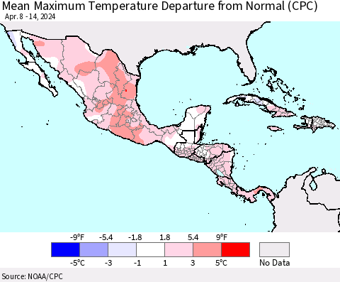 Mexico Central America and the Caribbean Mean Maximum Temperature Departure from Normal (CPC) Thematic Map For 4/8/2024 - 4/14/2024