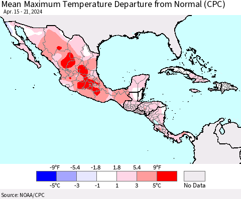 Mexico Central America and the Caribbean Mean Maximum Temperature Departure from Normal (CPC) Thematic Map For 4/15/2024 - 4/21/2024