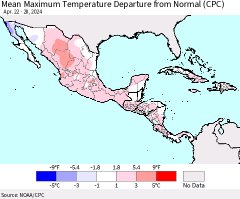 Mexico Central America and the Caribbean Mean Maximum Temperature Departure from Normal (CPC) Thematic Map For 4/22/2024 - 4/28/2024