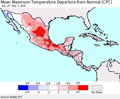 Mexico Central America and the Caribbean Mean Maximum Temperature Departure from Normal (CPC) Thematic Map For 4/29/2024 - 5/5/2024