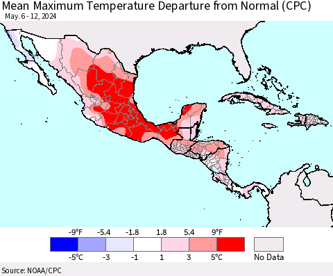 Mexico Central America and the Caribbean Mean Maximum Temperature Departure from Normal (CPC) Thematic Map For 5/6/2024 - 5/12/2024