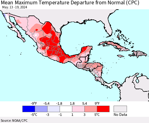 Mexico Central America and the Caribbean Mean Maximum Temperature Departure from Normal (CPC) Thematic Map For 5/13/2024 - 5/19/2024