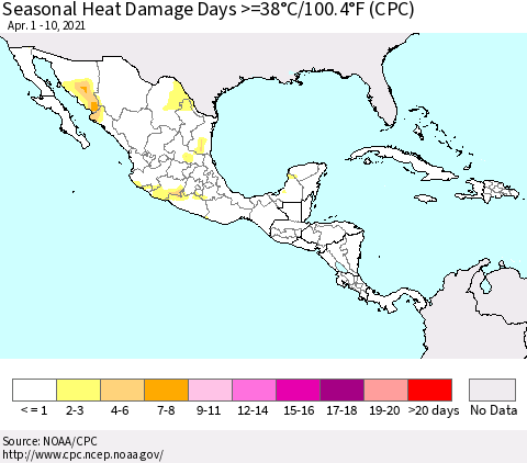 Mexico Central America and the Caribbean Seasonal Heat Damage Days >=38°C/100°F (CPC) Thematic Map For 4/1/2021 - 4/10/2021