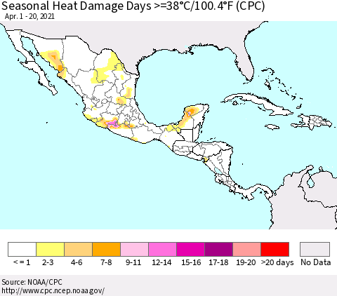 Mexico Central America and the Caribbean Seasonal Heat Damage Days >=38°C/100°F (CPC) Thematic Map For 4/1/2021 - 4/20/2021
