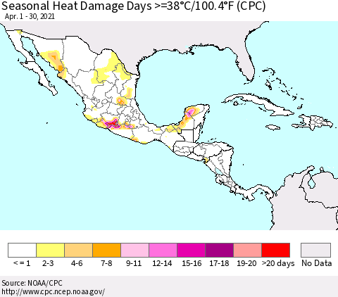 Mexico Central America and the Caribbean Seasonal Heat Damage Days >=38°C/100°F (CPC) Thematic Map For 4/1/2021 - 4/30/2021